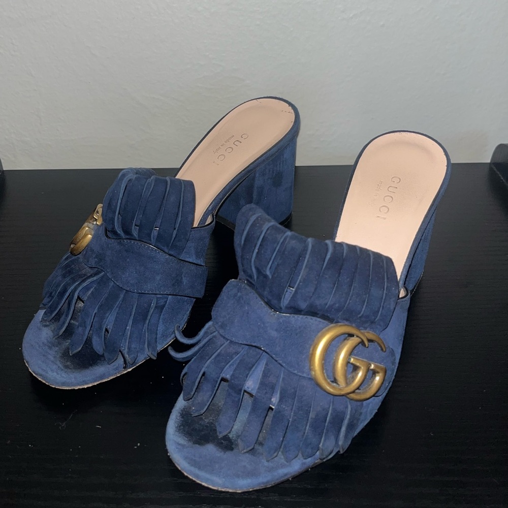 Gucci GG Dark Blue Suede Marmont Fringe Suede Mule/Heels Size 36 1/2